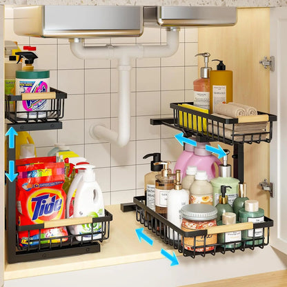 Under Sink Organizer, Height Adjustable under Sink Organizers and Storage, 2 Tier Pull Out Drawer Cabinet Organizer for Kitchen Bathroom
