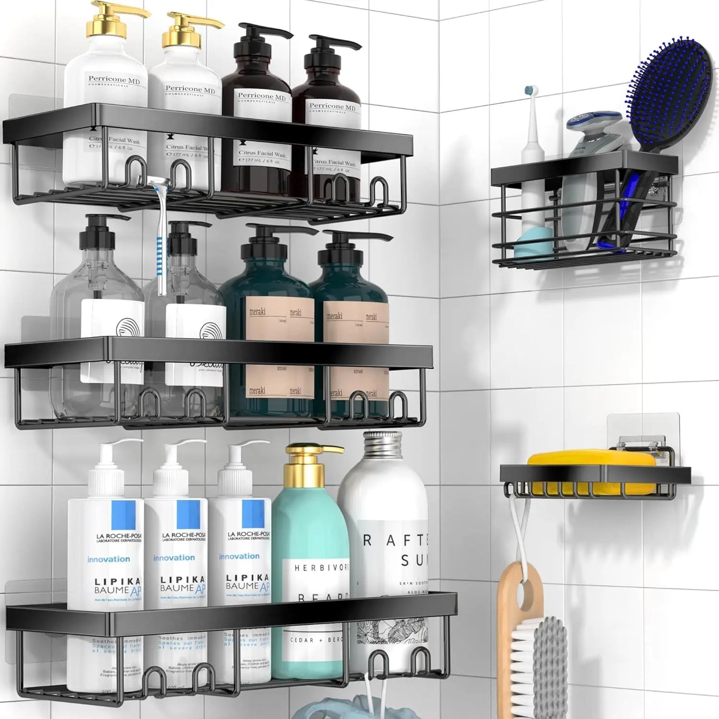 5Pack Moforoco Shower Caddy Shelf Organizer Rack, Self Adhesive Black Bathroom Shelves Basket, Shower Organization and Storage Accessories Adhesive Shower