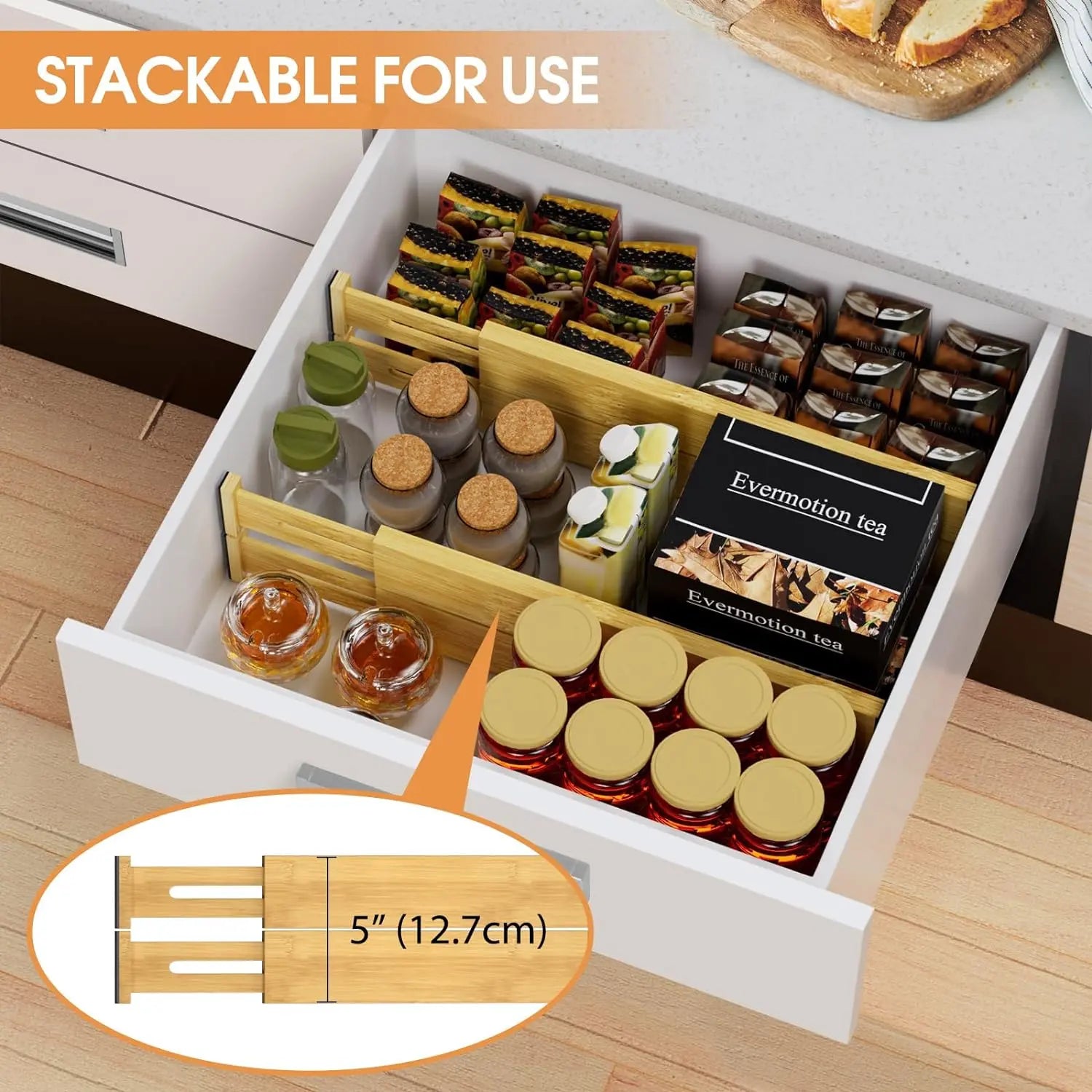 Bamboo Drawer Dividers Organizers, Kitchen Drawer Organizer, Adjustable Drawer Divider for Clothes, Kitchen, Dresser, Bedroom, Bathroom and Office