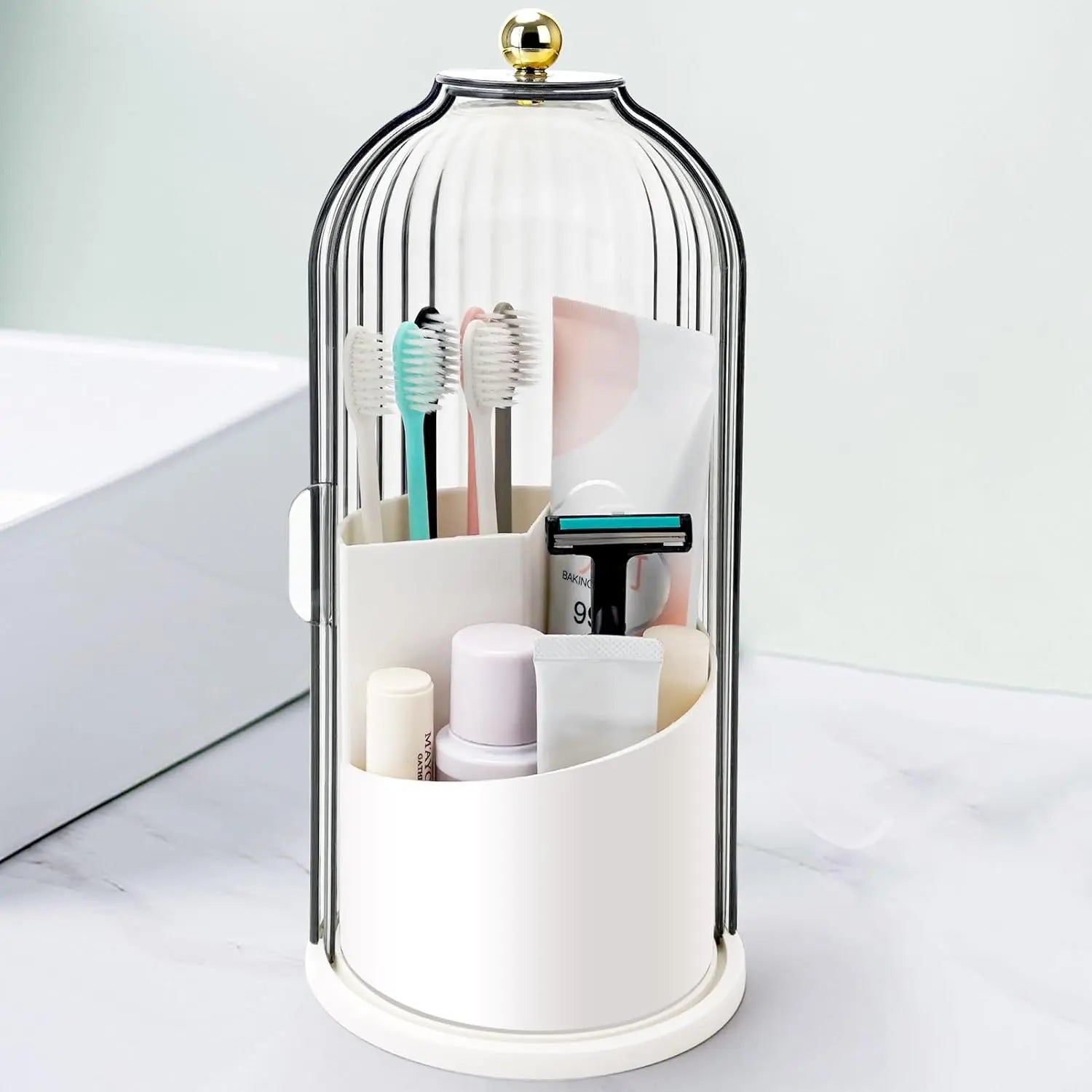 Toothbrush Holders with Sliding Lid, Rotating 3 Slots Bathroom Organizer Countertop, Tooth Brush Toothpaste Holder Bathroom Counter Stand Sink Organizer Caddy for Vanity Makeup Brushes Holder(Grey/White)