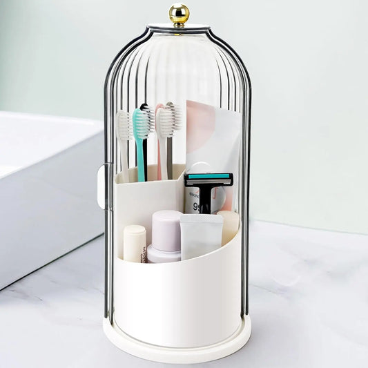 Toothbrush Holders with Sliding Lid, Rotating 3 Slots Bathroom Organizer Countertop, Tooth Brush Toothpaste Holder Bathroom Counter Stand Sink Organizer Caddy for Vanity Makeup Brushes Holder(Grey/White)