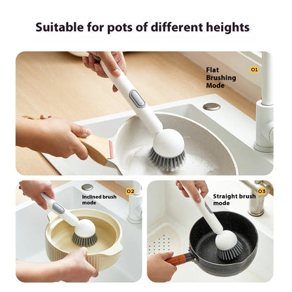 6-In-1 Dish Brush with Detergent Dispenser Adjustable Angle Rotating Scrub Function for Pots Pans Dishes Utensils Wall Mount Ideal for Sink Stove Cookware Kitchen Cleaning Soap Sponges - Pad