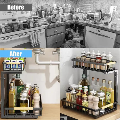 Under Sink Organizer, Height Adjustable under Sink Organizers and Storage, 2 Tier Pull Out Drawer Cabinet Organizer for Kitchen Bathroom