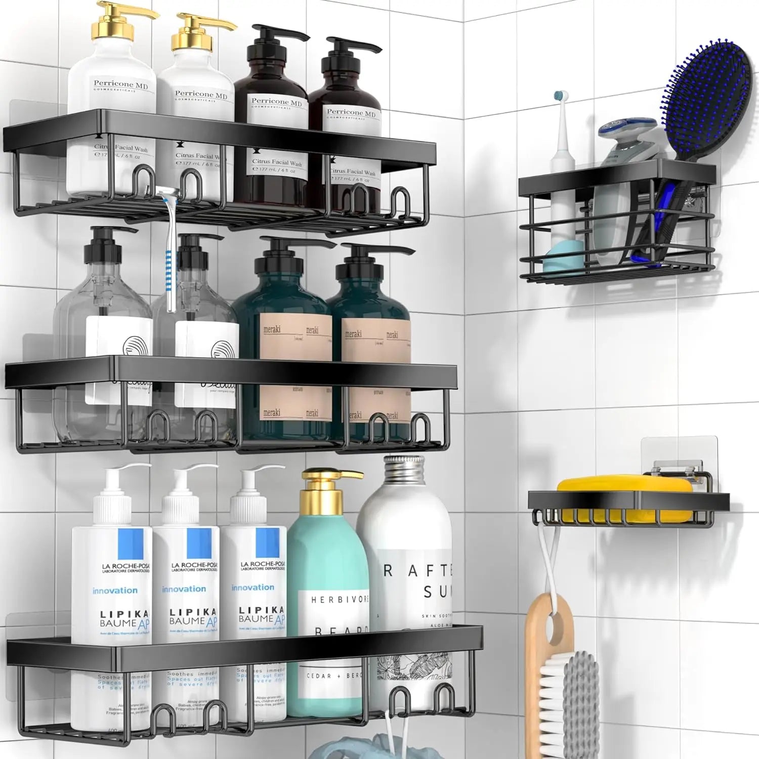 5Pack Moforoco Shower Caddy Shelf Organizer Rack, Self Adhesive Black Bathroom Shelves Basket, Shower Organization and Storage Accessories Adhesive Shower