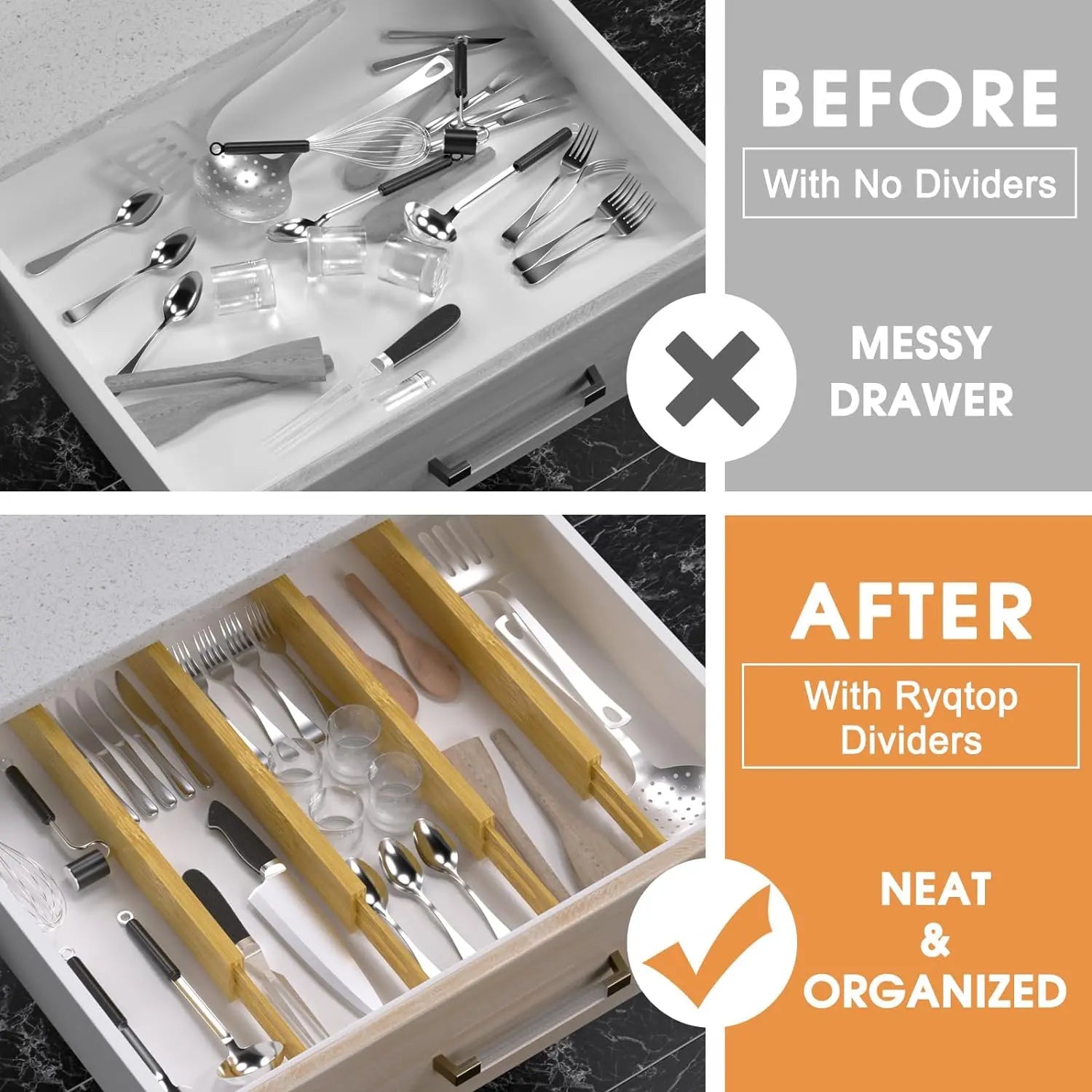 Bamboo Drawer Dividers Organizers, Kitchen Drawer Organizer, Adjustable Drawer Divider for Clothes, Kitchen, Dresser, Bedroom, Bathroom and Office