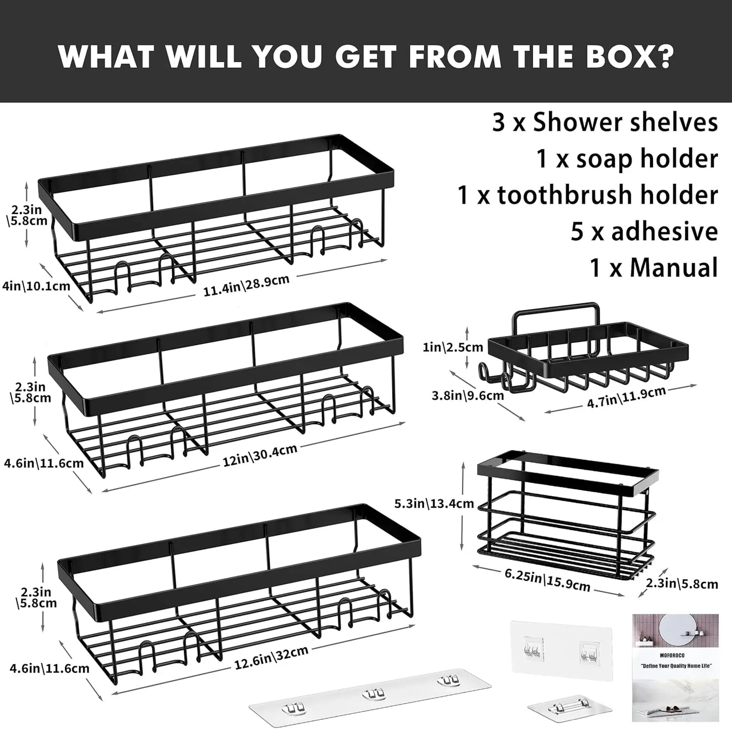 5Pack Moforoco Shower Caddy Shelf Organizer Rack, Self Adhesive Black Bathroom Shelves Basket, Shower Organization and Storage Accessories Adhesive Shower