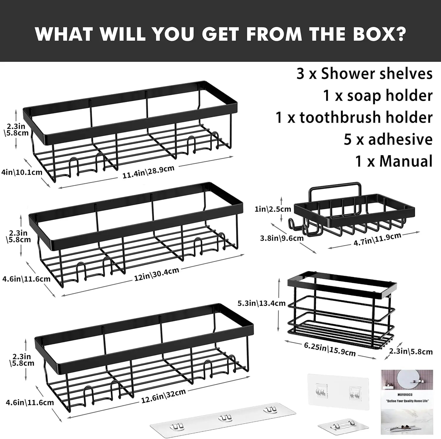 5Pack Moforoco Shower Caddy Shelf Organizer Rack, Self Adhesive Black Bathroom Shelves Basket, Shower Organization and Storage Accessories Adhesive Shower