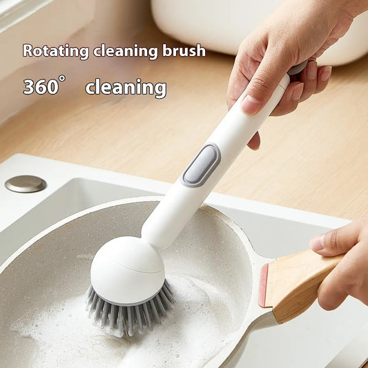6-In-1 Dish Brush with Detergent Dispenser Adjustable Angle Rotating Scrub Function for Pots Pans Dishes Utensils Wall Mount Ideal for Sink Stove Cookware Kitchen Cleaning Soap Sponges - Pad