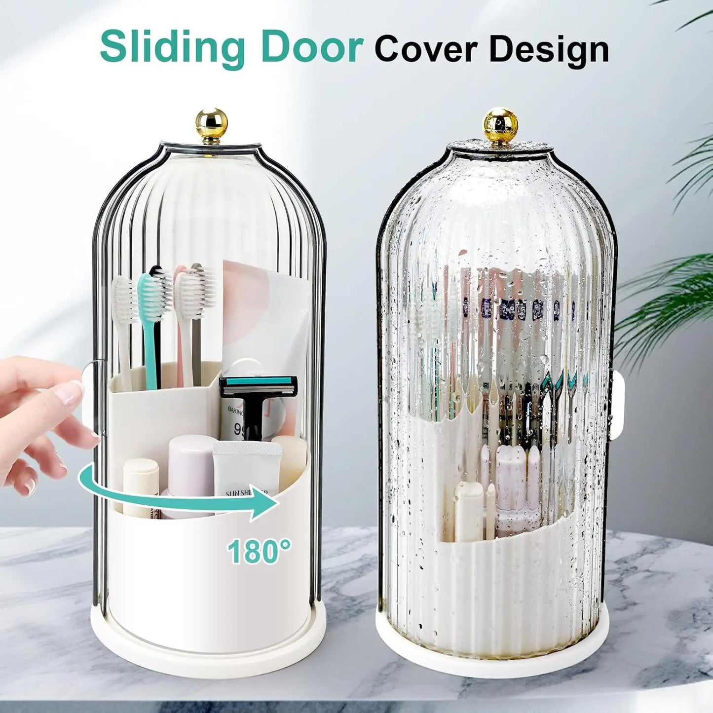 Toothbrush Holders with Sliding Lid, Rotating 3 Slots Bathroom Organizer Countertop, Tooth Brush Toothpaste Holder Bathroom Counter Stand Sink Organizer Caddy for Vanity Makeup Brushes Holder(Grey/White)