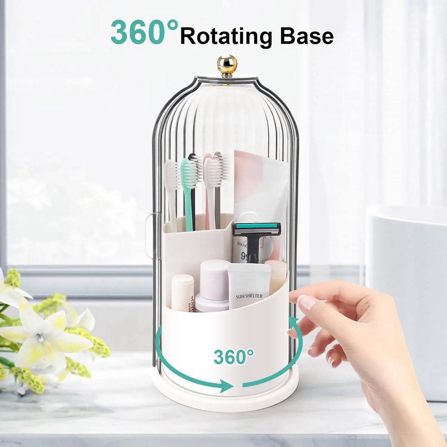 Toothbrush Holders with Sliding Lid, Rotating 3 Slots Bathroom Organizer Countertop, Tooth Brush Toothpaste Holder Bathroom Counter Stand Sink Organizer Caddy for Vanity Makeup Brushes Holder(Grey/White)