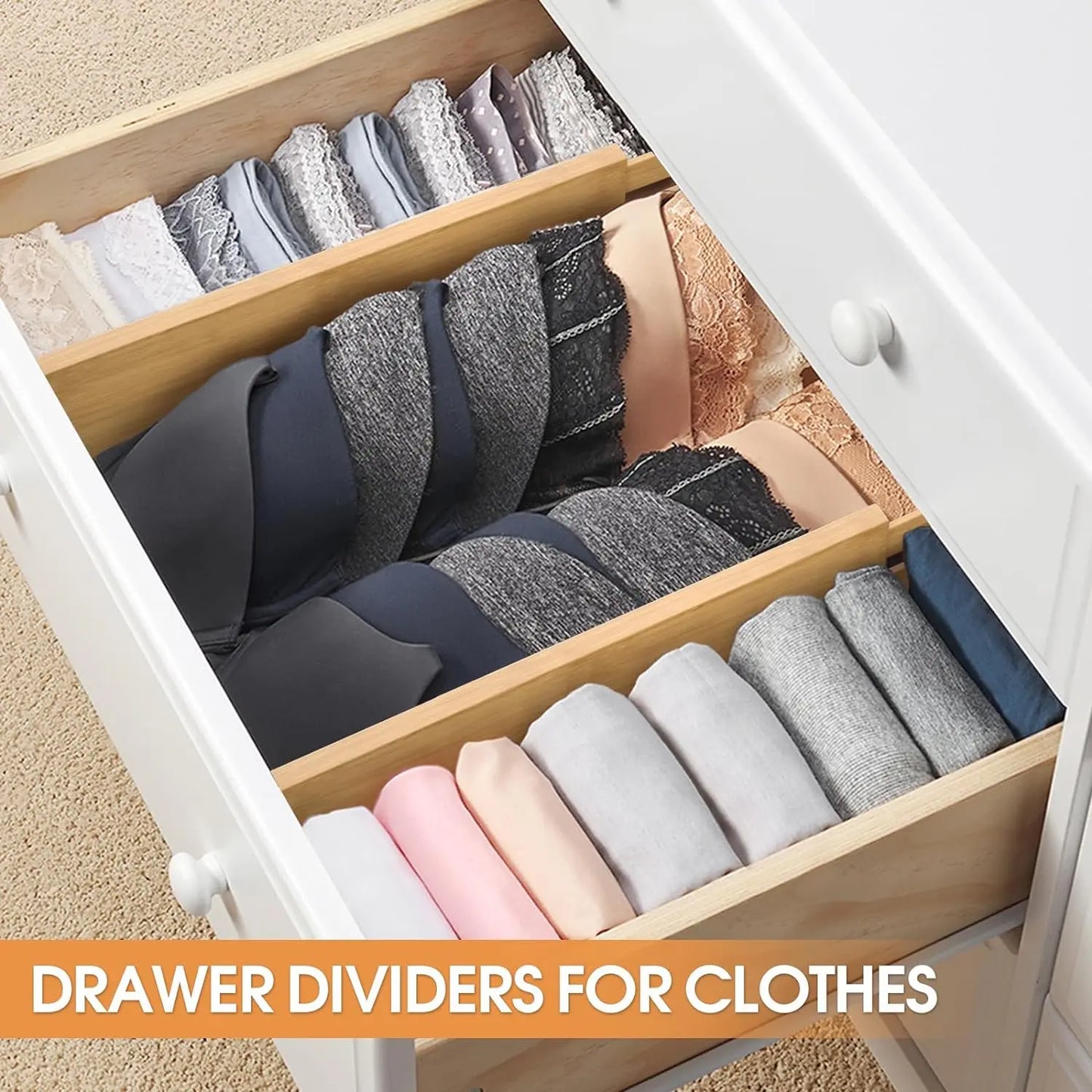 Bamboo Drawer Dividers Organizers, Kitchen Drawer Organizer, Adjustable Drawer Divider for Clothes, Kitchen, Dresser, Bedroom, Bathroom and Office