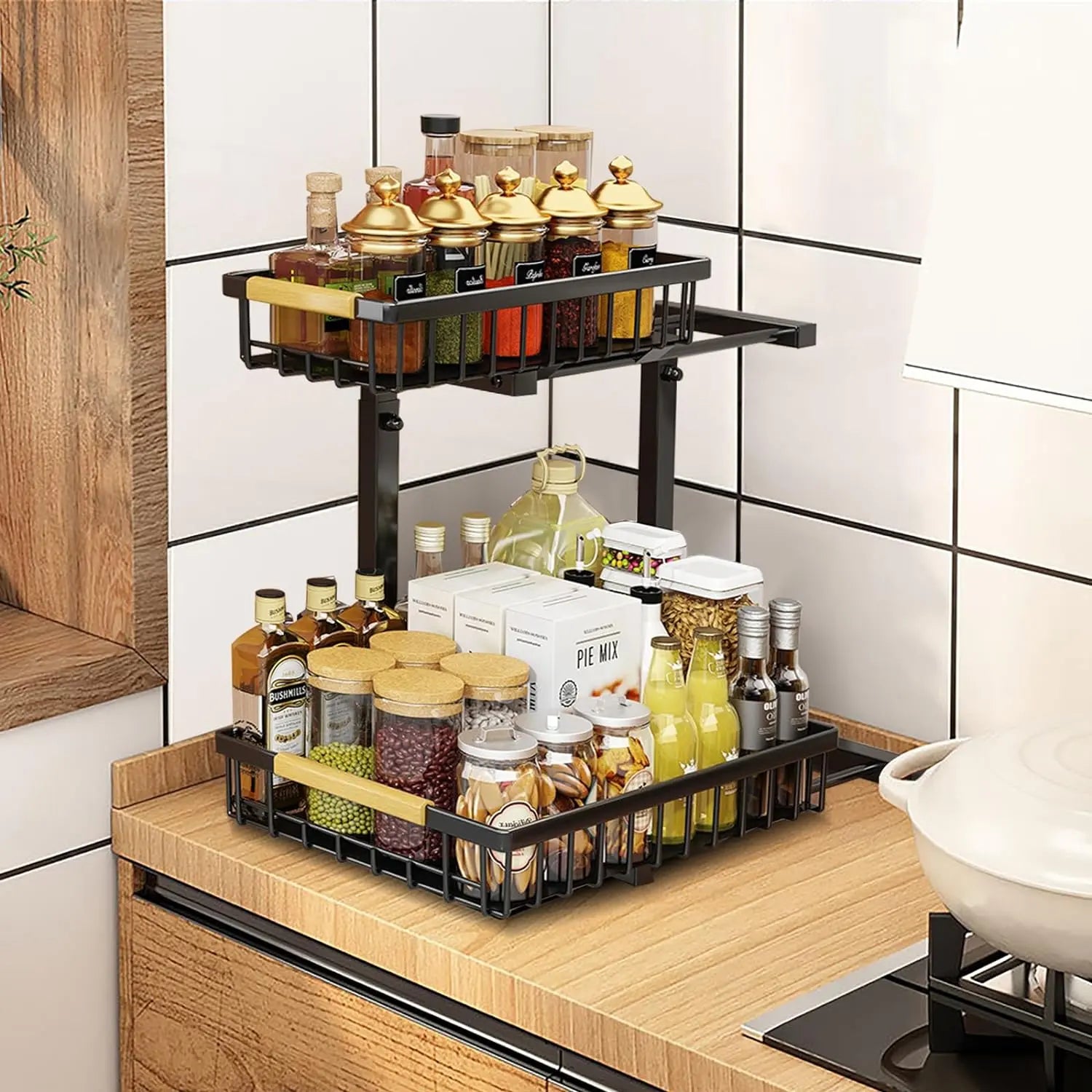 Under Sink Organizer, Height Adjustable under Sink Organizers and Storage, 2 Tier Pull Out Drawer Cabinet Organizer for Kitchen Bathroom